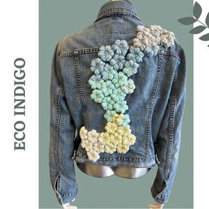 Eco Indigo Upcycled Jean Jacket Floral Crochet Flowers Cotton Blue Size Large